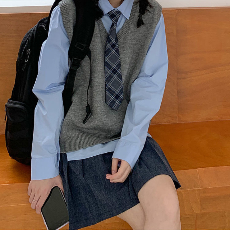 가을 푸른 셔츠 대학 스타일 여성용 긴팔 틈새 중간 길이 느슨한 한국 스타일 셔츠 쌓아있는베이스 셔츠