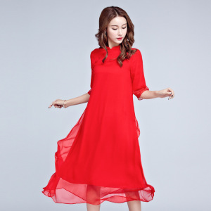 Women black red chiffon retro Chinese Qipao Dresses improved qipao dress national red mulberry silk dress skirt