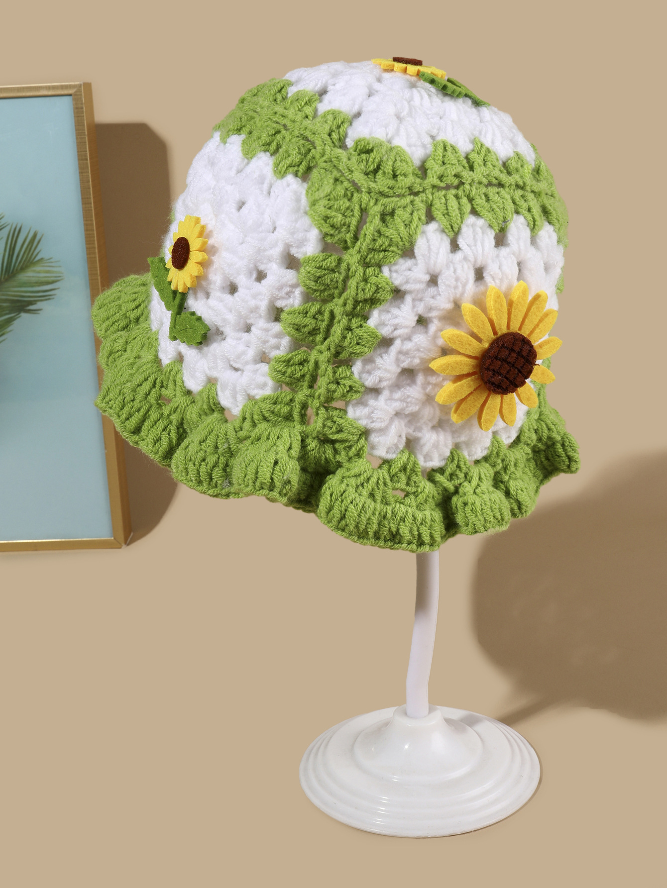 Cappello da pescatore con girasole tessuto a mano, autunno e inverno, carino cappello infantile con bordo a fungo, in lana all'uncinetto_voghion.com