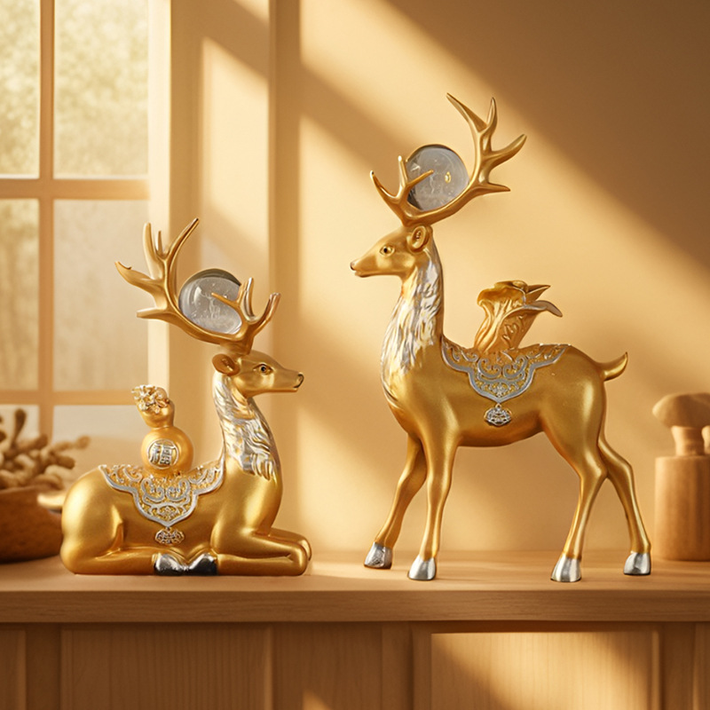 Light Luxury Lucky Deer Home Furnishings Housewarming and Opening Fulu Double Deer Decorative Gifts Living Room Entrance Resin Crafts