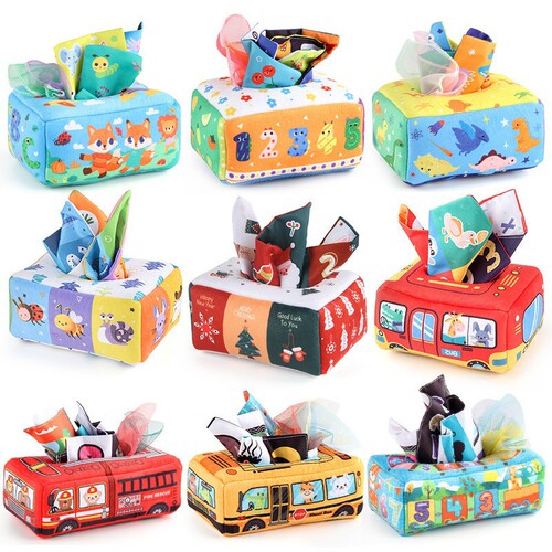 Baby early education cloth book tissue box ringing paper square towel cognitive animal English tear-resistant children's tissue paper toy