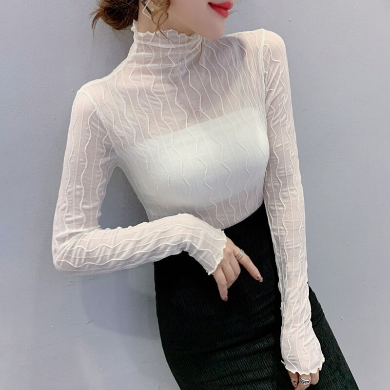High-Neck Mesh Base Shirt for Women, Spring and Autumn 2021 New Stylish Transparent Lace Long-Sleeve Top for Women High-Neck Mesh Base Shirt for Women, Spring and Autumn 2021 New Stylish Transparent Lace Long-Sleeve Top for Women