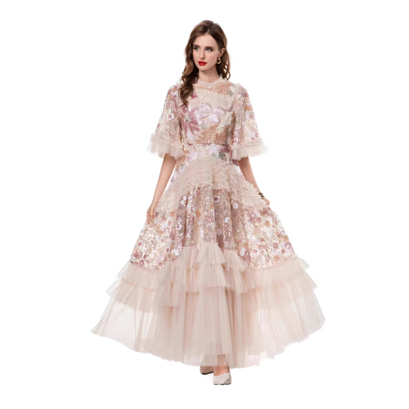 High-End Evening Gown with Puffy Skirt, 2026 Spring Women's Heavy Embroidery Sequin Ruffle Dress
