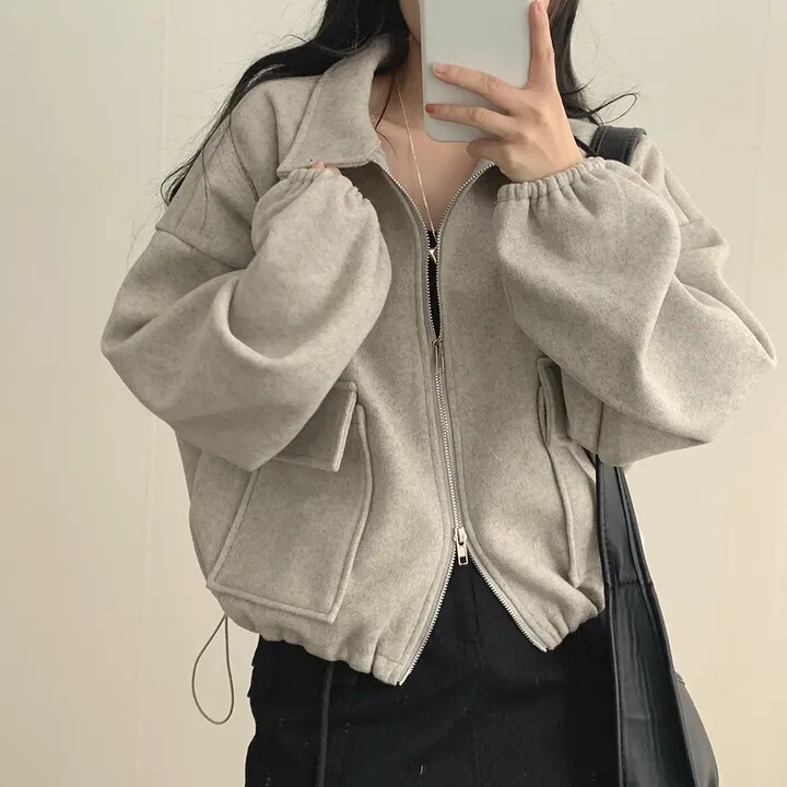 Lazy South Korea Lapel Loose Pocket Zipper Age-reducing Chic Autumn and Winter Drawstring French Style Short Jacket Women's Tight Waist Pair