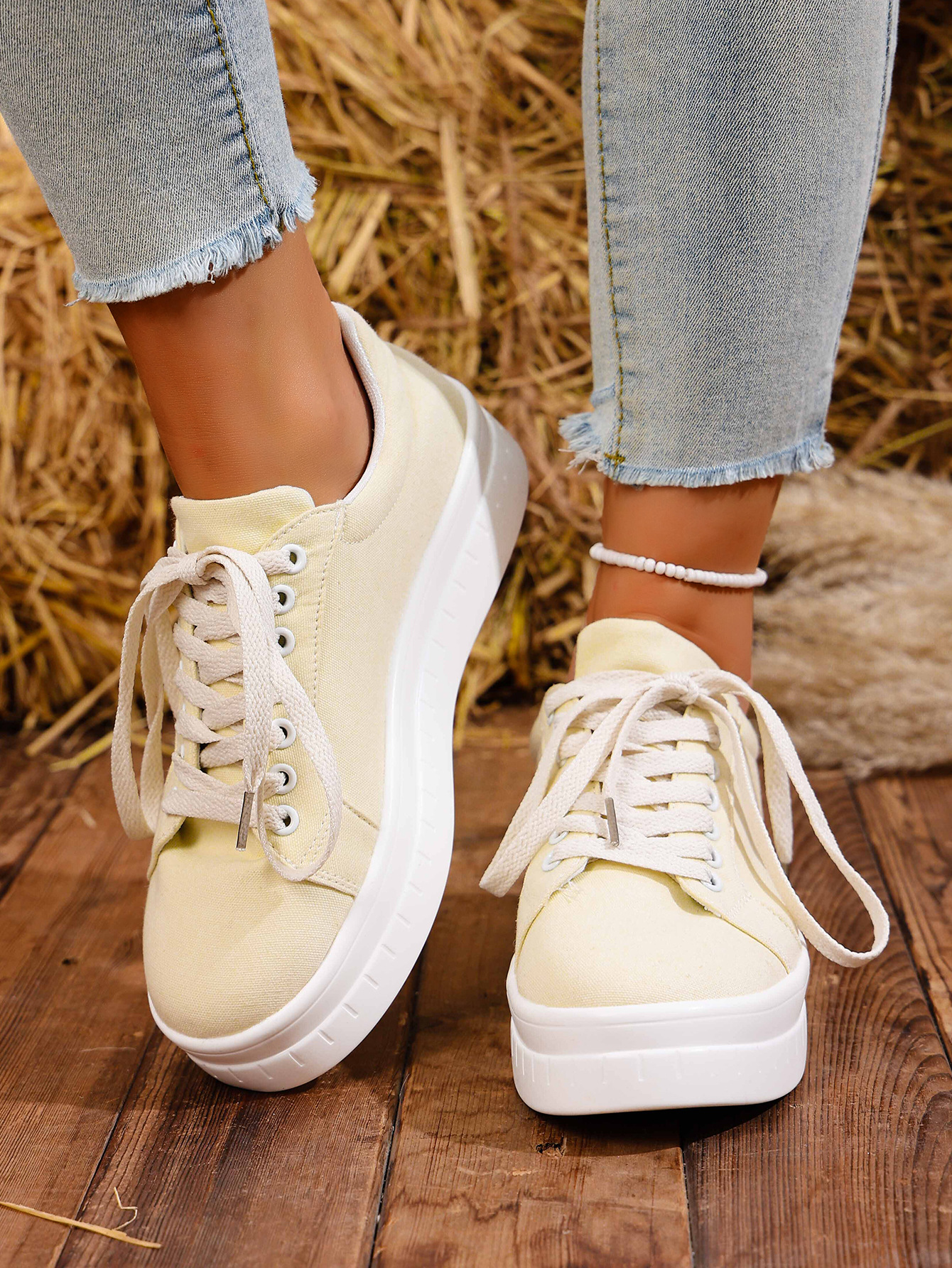Women's Lace-up Casual Trainers For Women Round Toe Thick Sole_voghion.com
