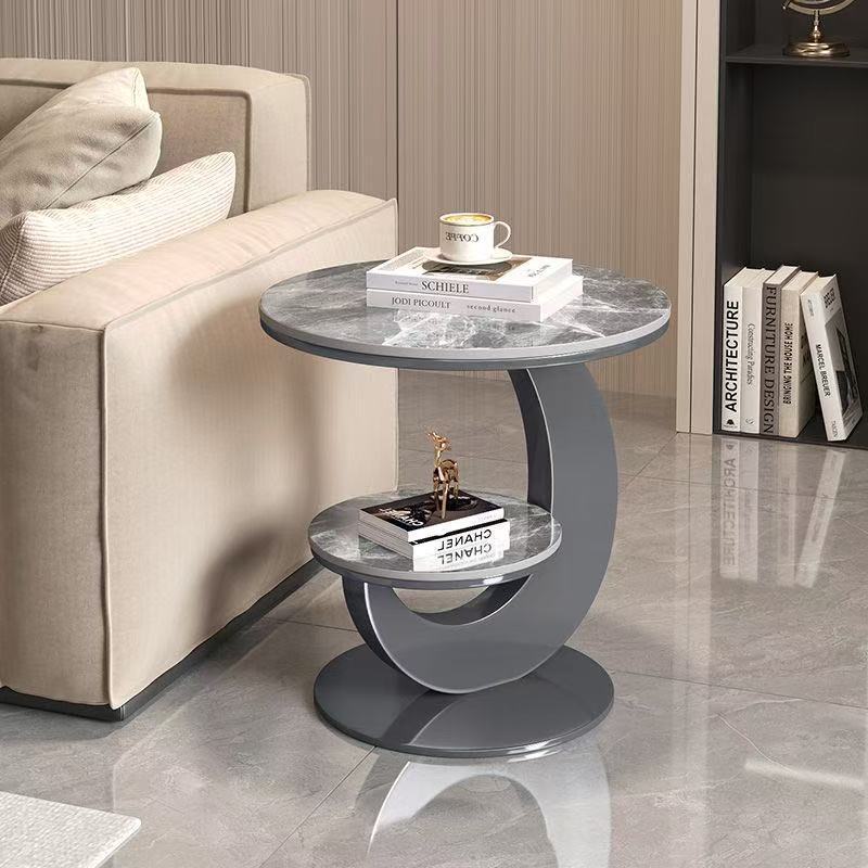 Light Luxury Slate Side Table, Living Room High-End Round Table, Sofa Side Table, Double-Layer Creative Coffee Table, Balcony Mobile Small Tea Table
