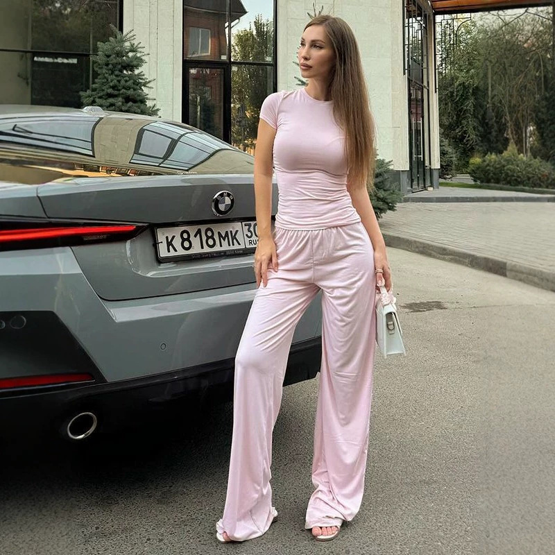 2026 Women's Street Fashion Simple and Stylish Round Neck Short-Sleeve T-Shirt High-Waisted Loose Straight Pants Comfortable Two-Piece Set Trendy