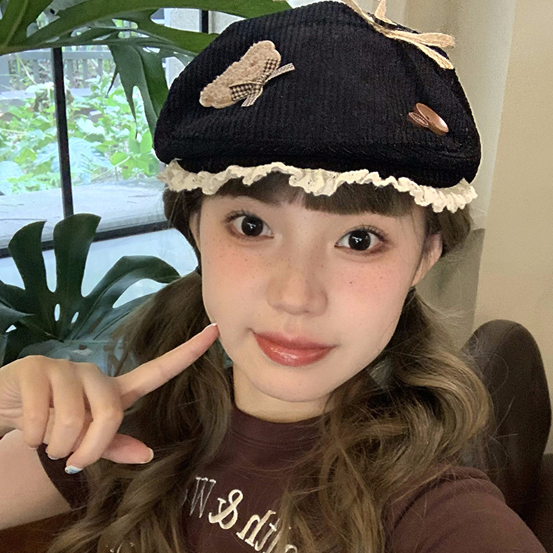 Cordillera encaje arco de dibujos animados cachorro sombrero de color curry hacia adelante para mujeres grandes turbanos de cabeza gorra caliente Boina de moda