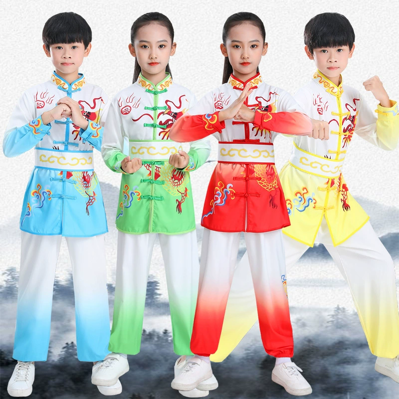 Детская тренировочная одежда для ушу, осенне-зимний костюм для тренировок по боевым искусствам с длинным рукавом, одежда для выступлений с принтом дракона Тайцзи кунг-фу для соревнований