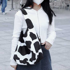 新款女士腋下包小众奶牛纹包包毛绒托特包单肩女包来图定制批发