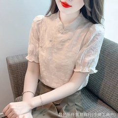 中国式の中国風のバックルの半袖のシフォンのシャツの夏の新型のファッションの独特な上着のきれいな小さいシャツ