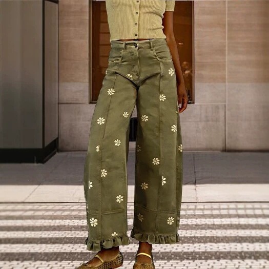 2026 New Foreign Trade Amazon Floral Print Wide-Leg Pants, Patchwork Loose Y2K Retro Faux Denim Pants