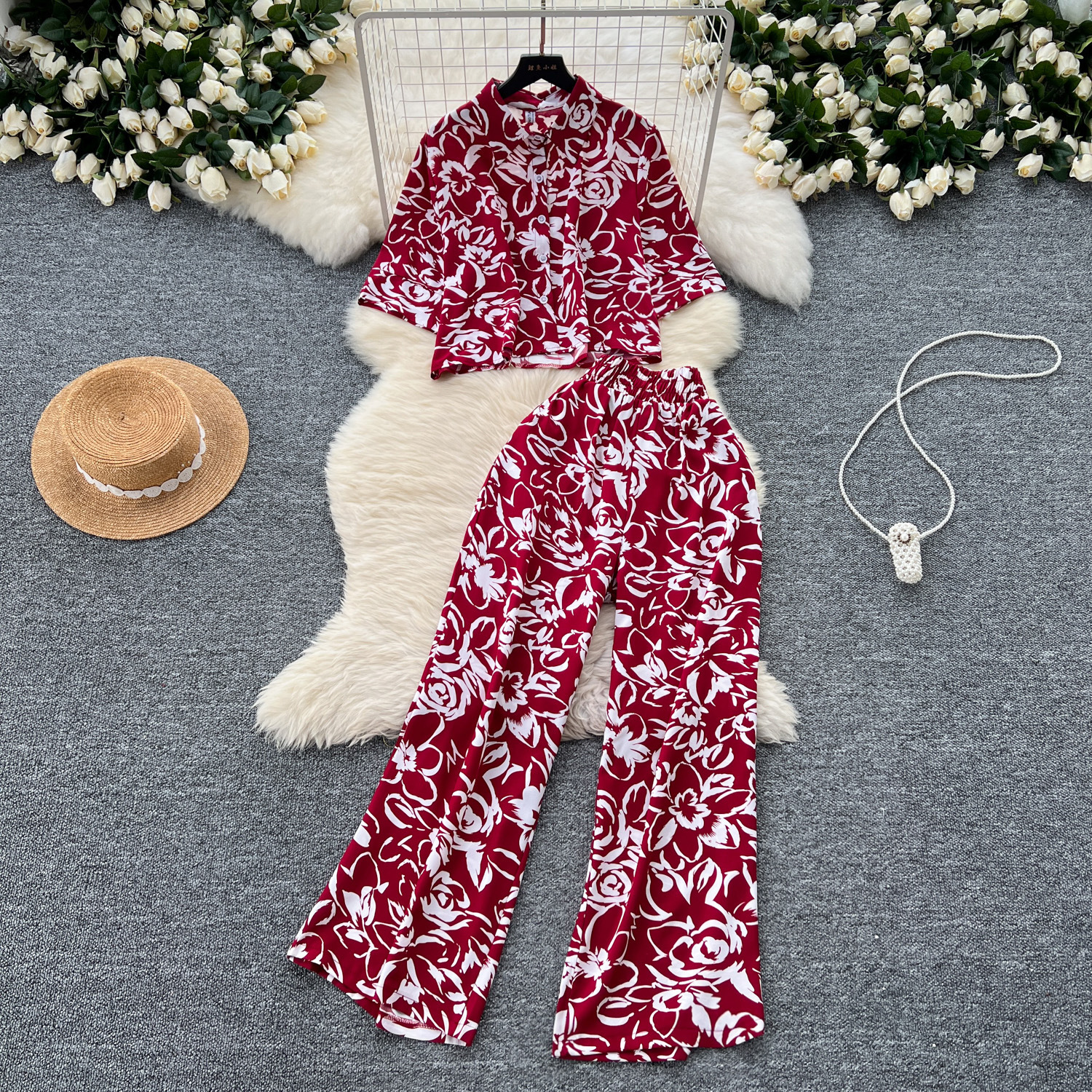 Salt-Style Light Mature Fashion Set for Women, Versatile Loose Short Printed Shirt + High-Waisted Slimming Wide-Leg Casual Pants