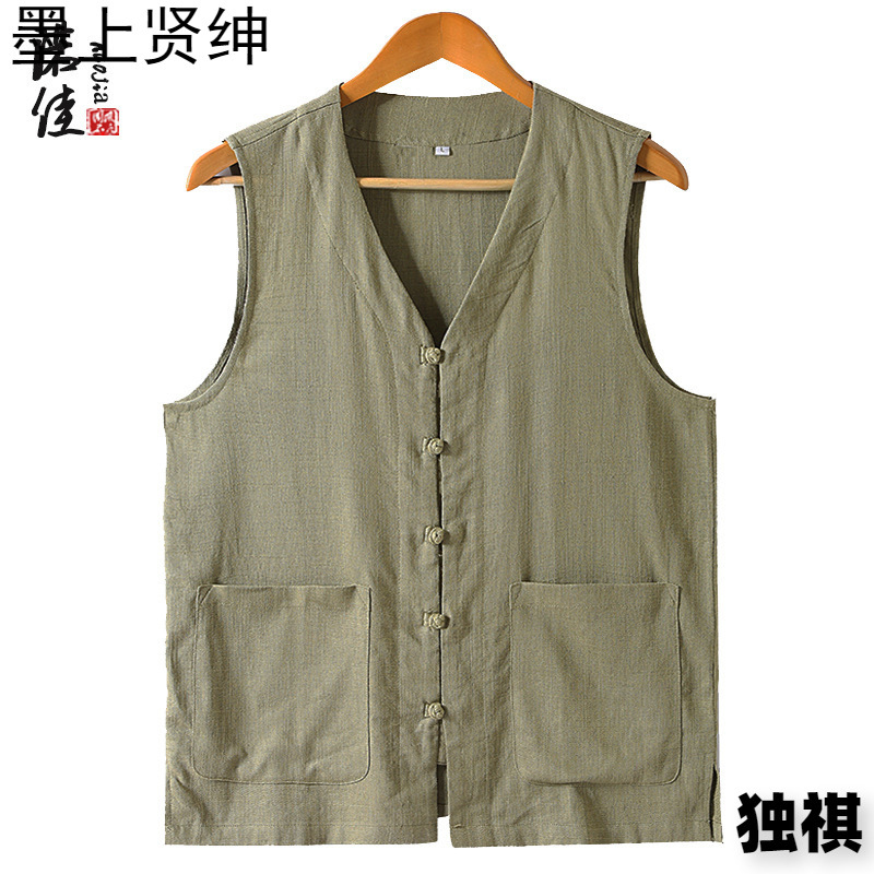 Verano Delgado Chaleco de mediana edad y ancianos sin mangas de los hombres más el tamaño de lino chaleco papá algodón y lino chaleco estilo chino Tang traje