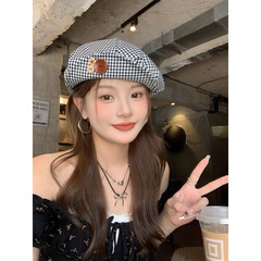 日系小众纽扣格子贝雷帽女夏季薄款百搭文艺显脸小云朵画家帽子潮