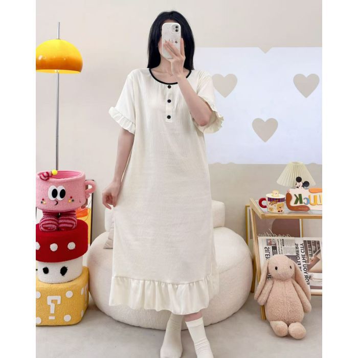 Camisón transfronterizo verano nuevo estilo femenino falda larga de manga corta dulce y linda nube de algodón estilo simple pijama de cuello redondo se puede usar afuera