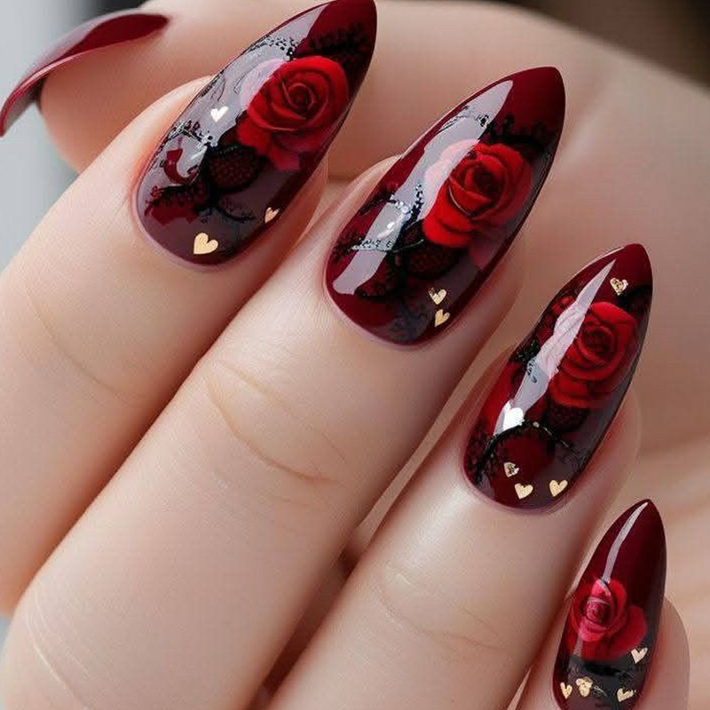 Valentine's Day Wear Nail Almond Shape Red Glossy Black Smudged Rose Gold Small Love Fake Nail Nail