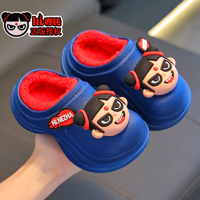 Zapatillas de algodón auténticas Nezha para niños de invierno para niños, niñas y niñas, cálidas y impermeables para niños de mediana edad en el hogar, zapatos de algodón de tacones para niños