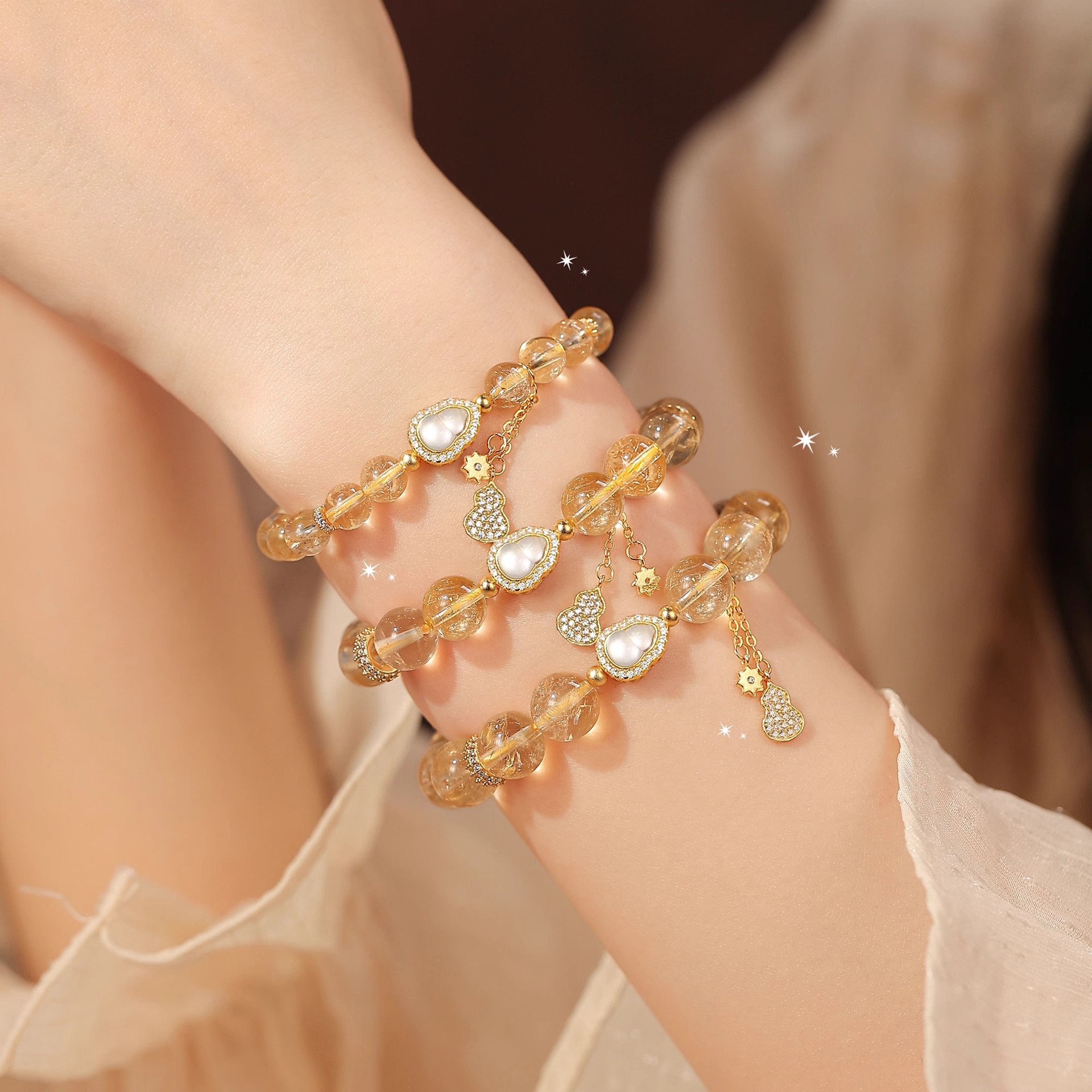 New Chinese-Style Yellow Crystal Gold Hair Crystal Fortune-Attracting Gourd Pendant Bracelet, Popular on Xiaohongshu, Good Luck Bracelet Beaded Jewelry