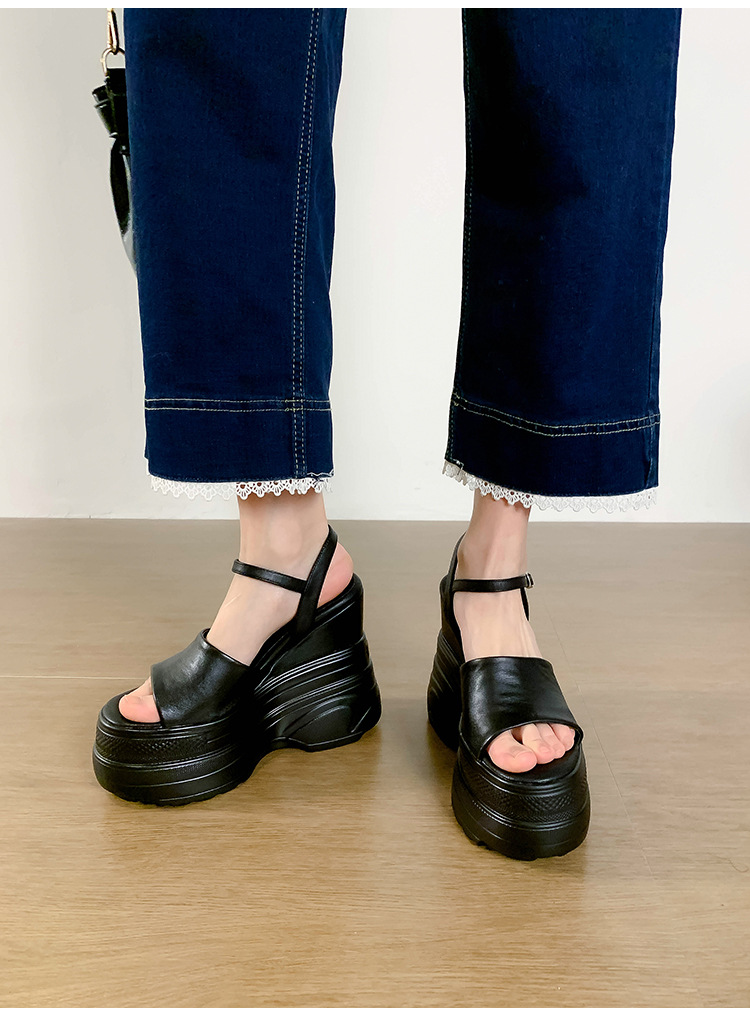 Sandal nữ đế dày da bò cao gót 14 cm phong cách La Mã — màu đen, màu trắng, màu mơ chi tiết 9
