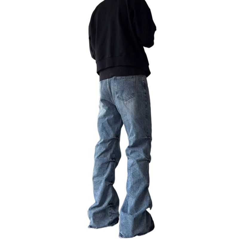 Men's Clothing high street side pleated design flared jeans loose distressed cleanfit wide leg trousers trend_voghion.com