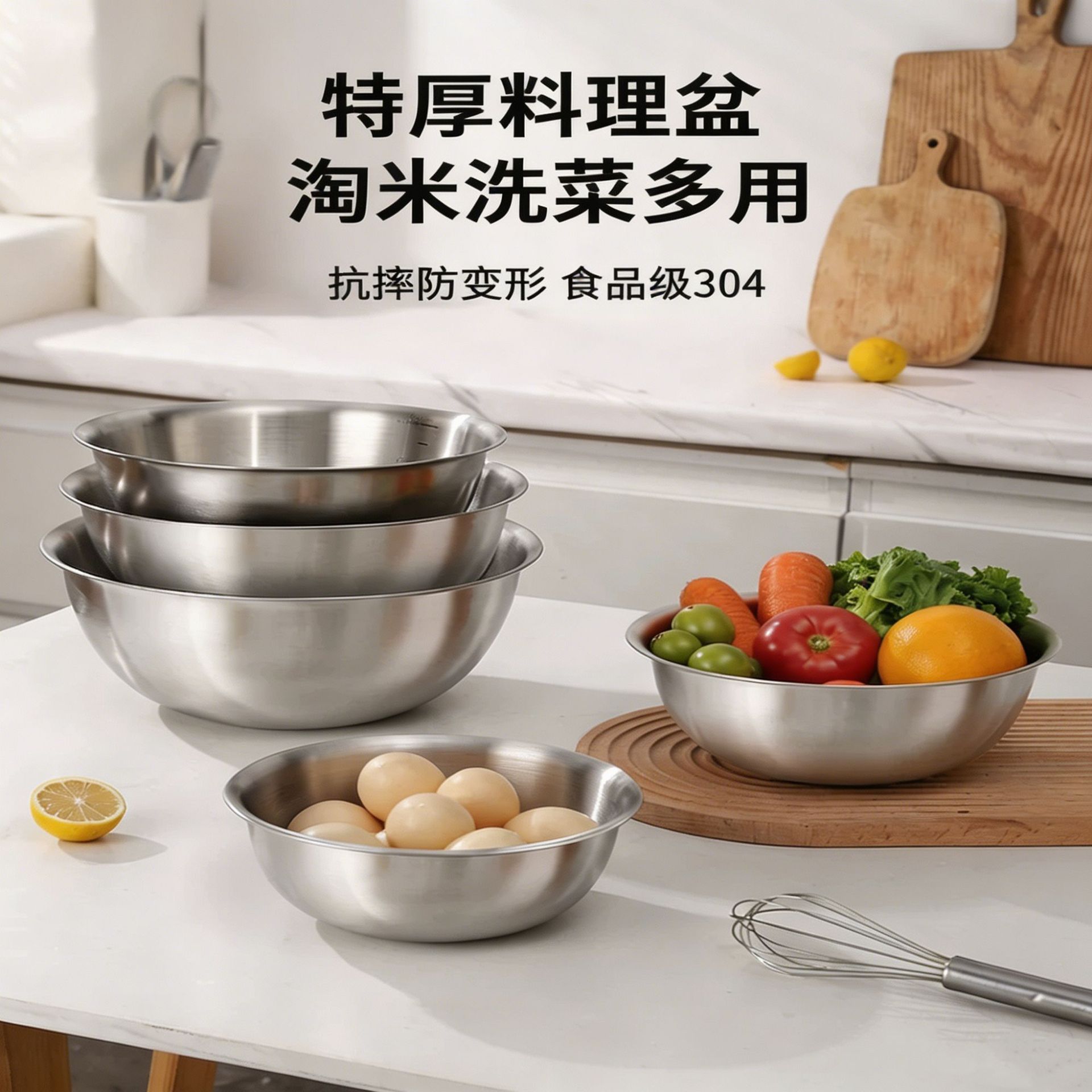 304 Food-Grade Stainless Steel Basin for Draining Water, Washing Vegetables, Kneading Dough, Home Kitchen Baking, Cooking, and Salad Bowls