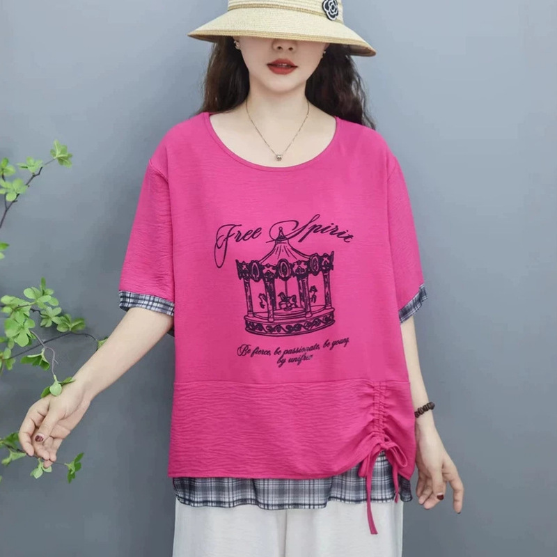 2026 New Style Plaid Patchwork Fake Two-Piece Drawstring Versatile Short-Sleeve T-Shirt for Women, Slimming Loose Round-Neck Top