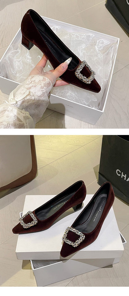 Giày cao gót nữ mũi vuông gót dày đính đá khóa vuông chất liệu cashmere — màu đỏ, nâu chi tiết 10