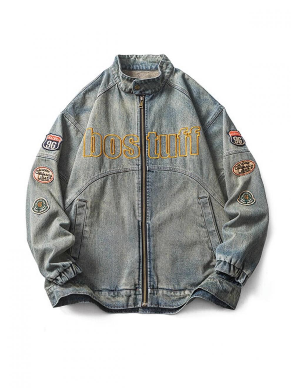 Men's Denim Jacket Motorcycle Style Retro Washed Blue Denim Top_voghion.com