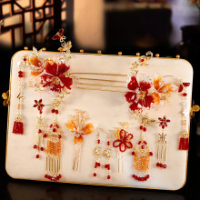 秀禾头饰新娘新中式红色秀禾服龙凤褂减龄气质琉璃花朵流苏发饰品