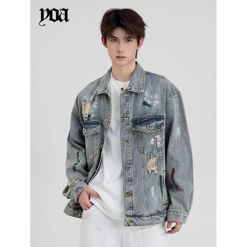 American Style High Street Paint Point Tie Dye Hole Design Denim Jacket Men's Autumn Laps Loose Fashionable Washed Jacket