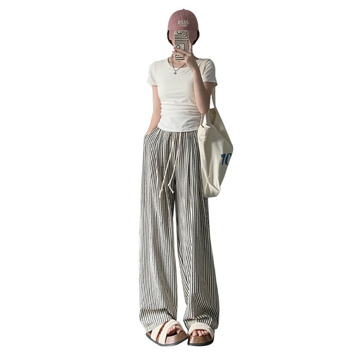 Striped wide-leg pants for women, summer Korean style, new casual pants for women and girls, lazy style, slimming, elastic waist, loose and drapey, floor-length