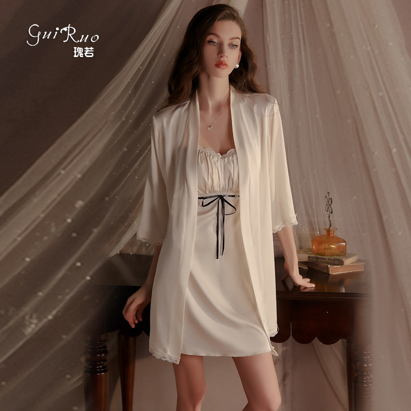 DZ Guiruo Sweet and Smooth Satin Underwear Pure Sexy Plus Chest Pad Nightdress Robe Home Clothes suit W4840