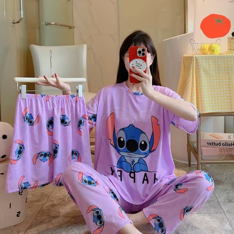 Pijamas de verano transfronterizos pijamas de leche de seda de tres piezas set de dibujos animados comercio exterior ropa para el hogar pantalones de mangas cortas lindos