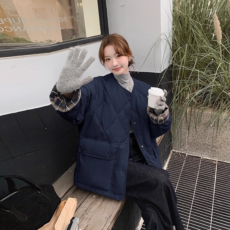 圆领格子拼接羽绒棉服女2025年新款轻薄短款小个子宽松棉袄外套潮|undefined