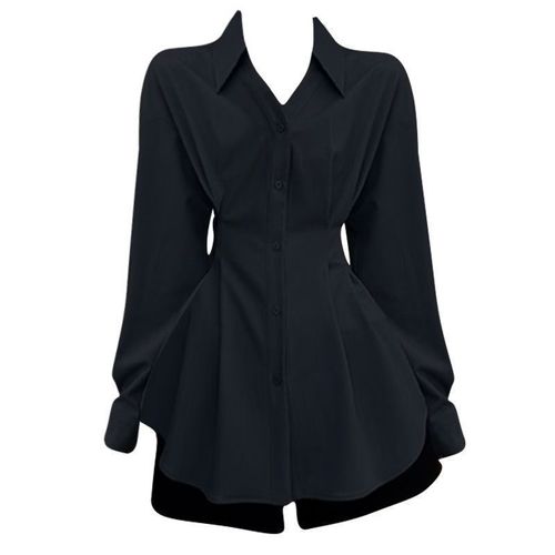 Unique Long-Sleeve Tunic Top with Design Features for Plus-Size Women: Slimming Black Collared Shirt for Autumn