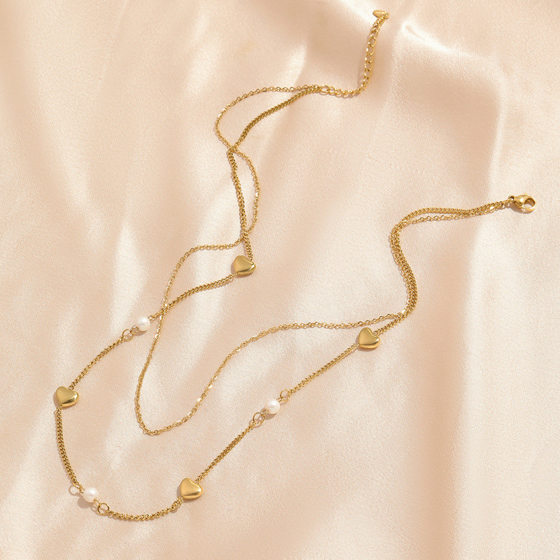 Titanium Steel Pendant Material Imitation Pearl Inlay Material Necklace Classification Titanium Steel Chain Material Wholesale Jewelry Elegant Heart Shape Titanium Steel Necklace