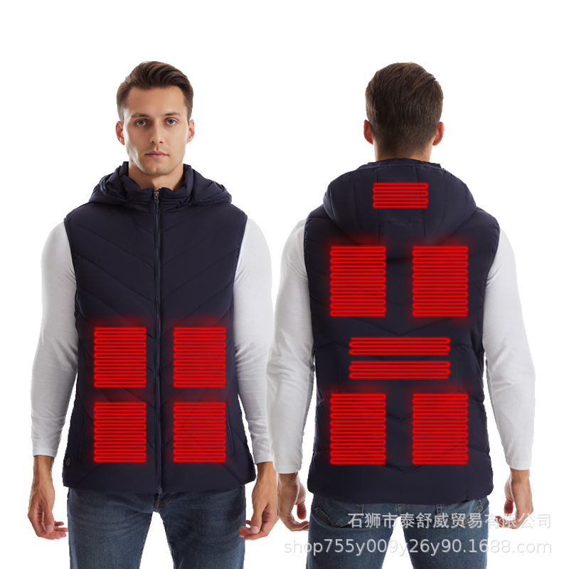 Invierno nuevo chaleco de calentamiento eléctrico con capuchón 11 zona chaleco de calentamiento inteligente chaleco de calentamiento eléctrico a prueba de frío