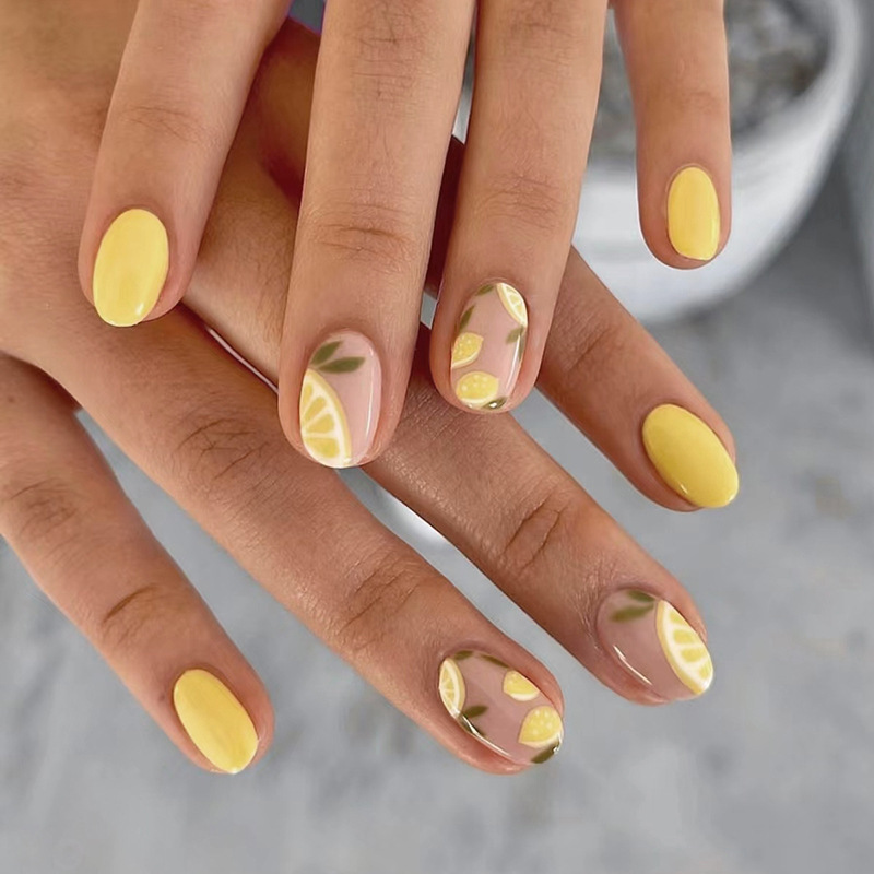 Round Head oval yellow lemon summer fresh manicure cute vitality orange fake nail finished product mixed batch