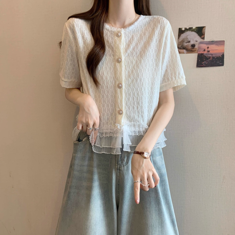 Chanel Style Design Sense Lace Short-sleeved Cardigan Women's Summer French Style plus size Slimming Belly Covering Shirt Trendy Top