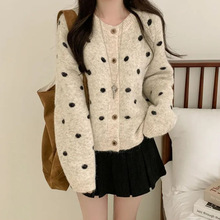 韩国chic气质秋冬季新款复古撞色波点圆领针织宽松百搭毛衣外套女