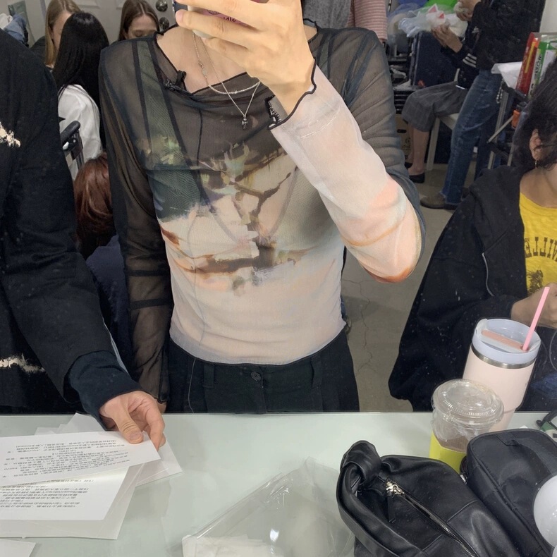 No Returns or Exchanges. 2026 Spring New Korean Style Design Ink Painting Print Mesh Long-Sleeve T-Shirt Sun Protection Cover-Up Top