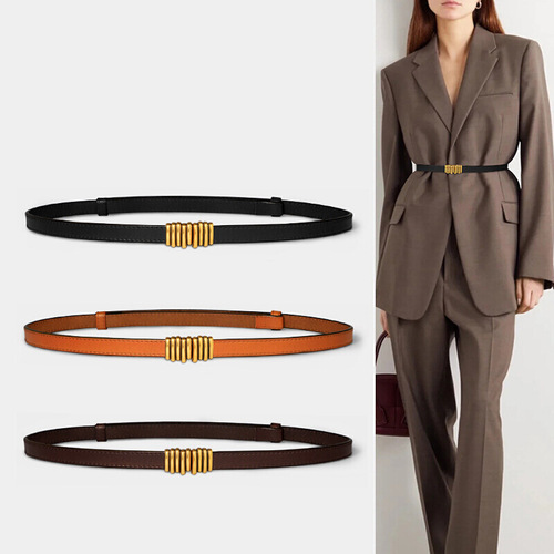 Women's retro genuine leather girdle thin belt buckle women's coat belt without punching versatile girdle for female students