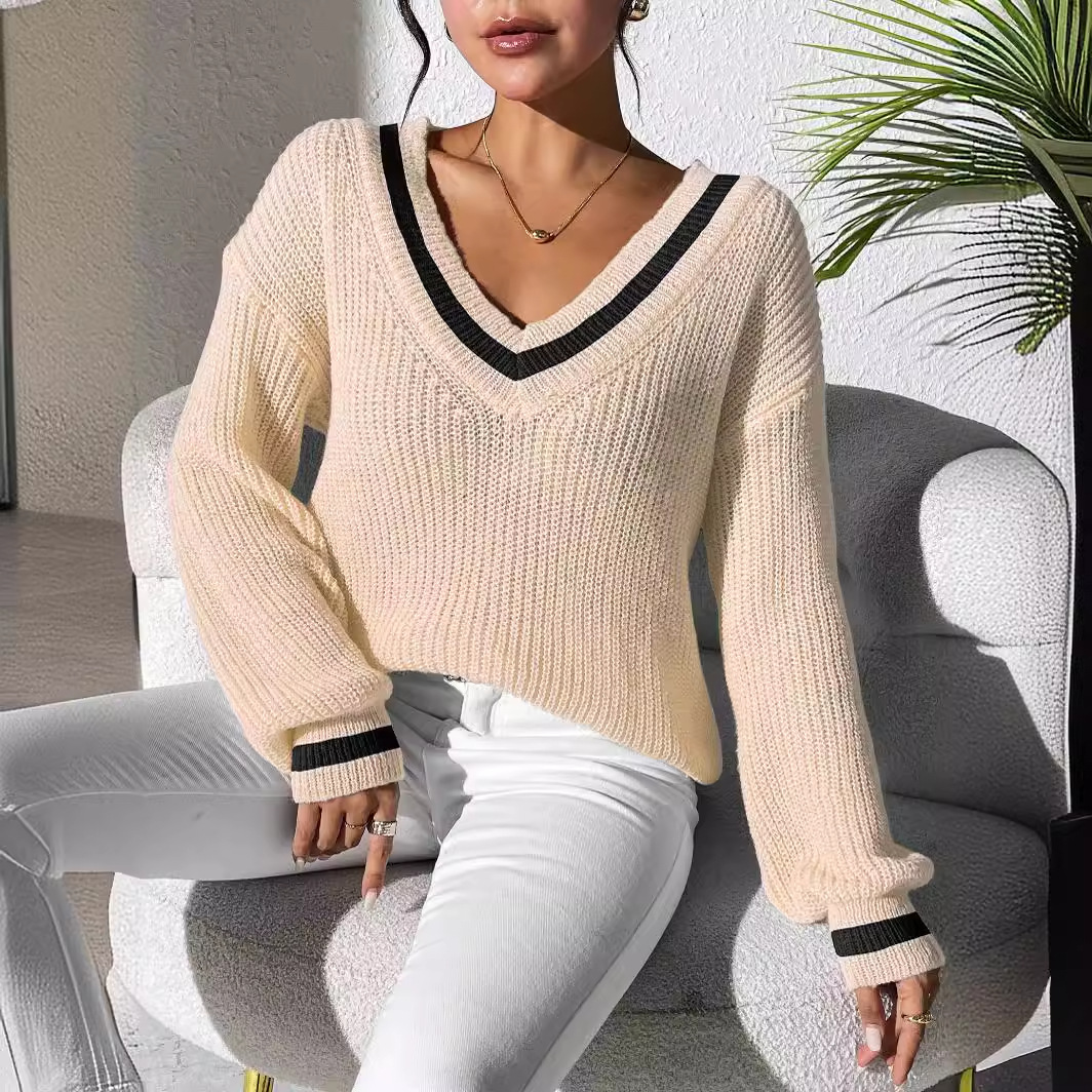 Lässiger Damen-Pullover mit V-Ausschnitt und Farbblockierung, lockere Passform, College-Stil, vielseitiger und gemütlicher Pullover für den Alltag_voghion.com