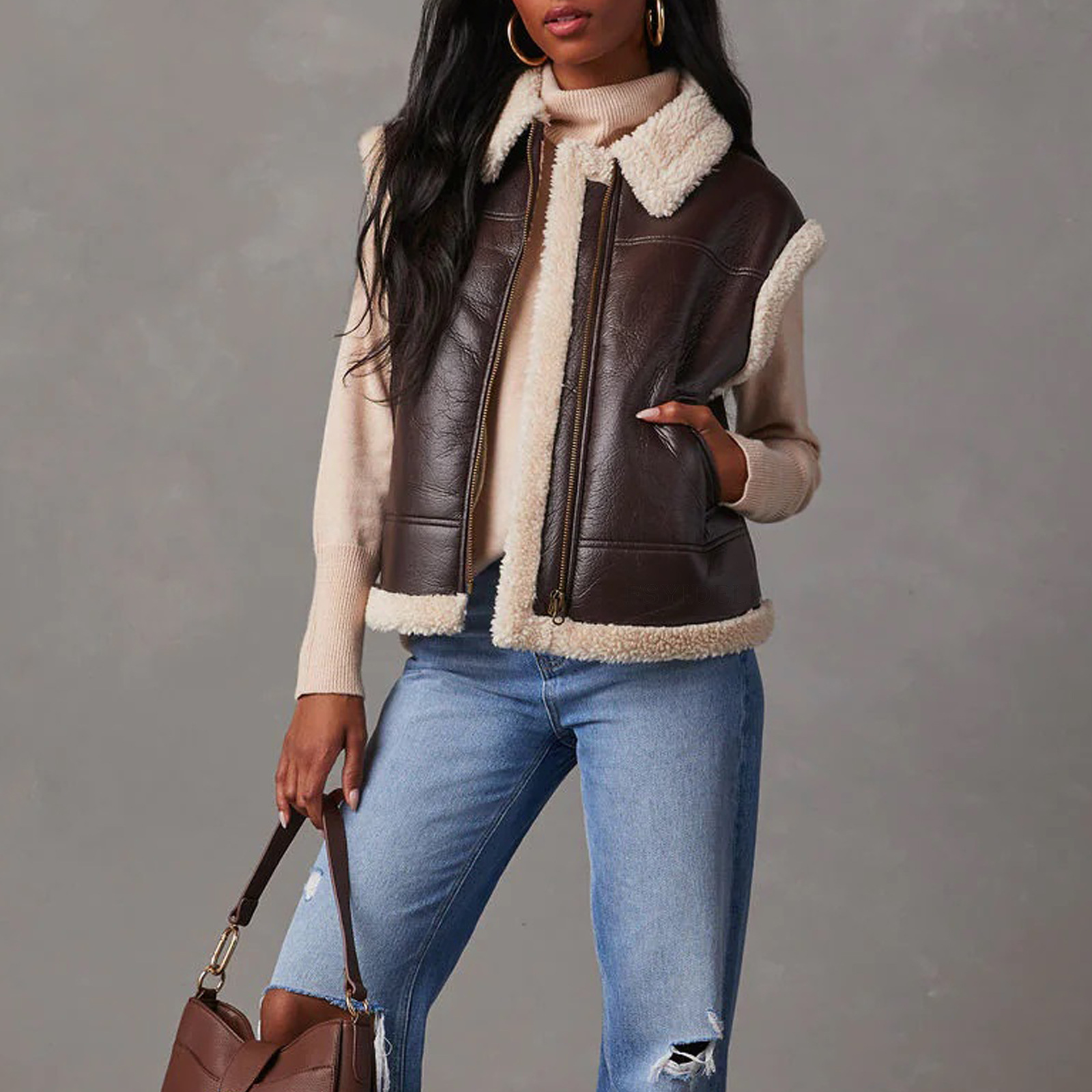 Damen Retro Weste Mantel Lammwolle Nähte Mantel Herbst und Winter_voghion.com