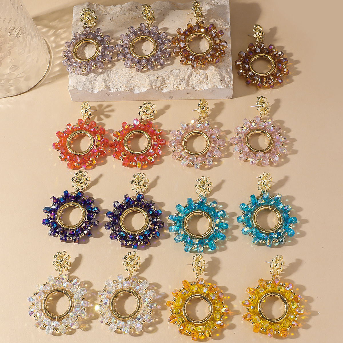 36g Weight 1 Pair IG Style Flower Beaded Artificial Crystal Drop Earrings