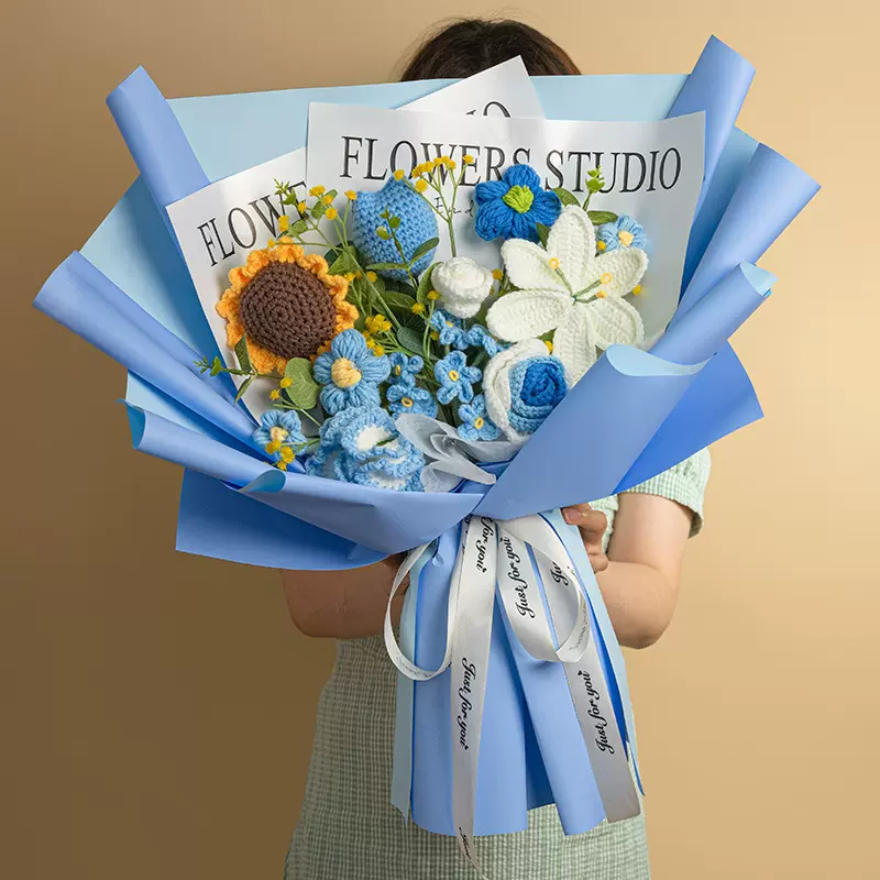 针织毛线花束成品向日葵手工编织仿真玫瑰百合钩织花束情人节礼物