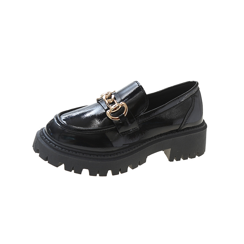 Zapatos de cuero gruesos y gruesos con suelas gruesas y zapatos pequeños estilo británico nuevos zapatos de primavera con un pie para pedalear zapatos femeninos zapatos negros de felicidad