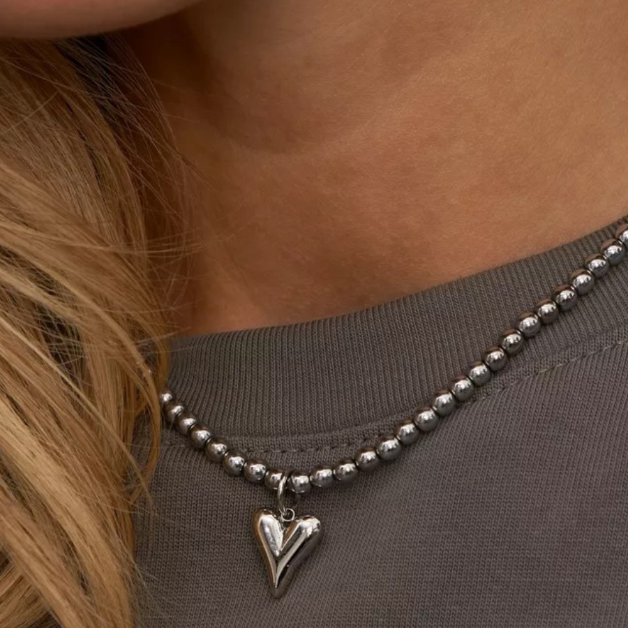 European And American Cross-Border Fashion Bead Heart-Shaped Simple Necklace For Women, Versatile Non-Fading Titanium_voghion.com
