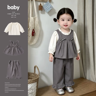 婴幼儿简约木耳边泡泡袖上衣女宝宝秋季韩系休闲背心阔腿裤三件套